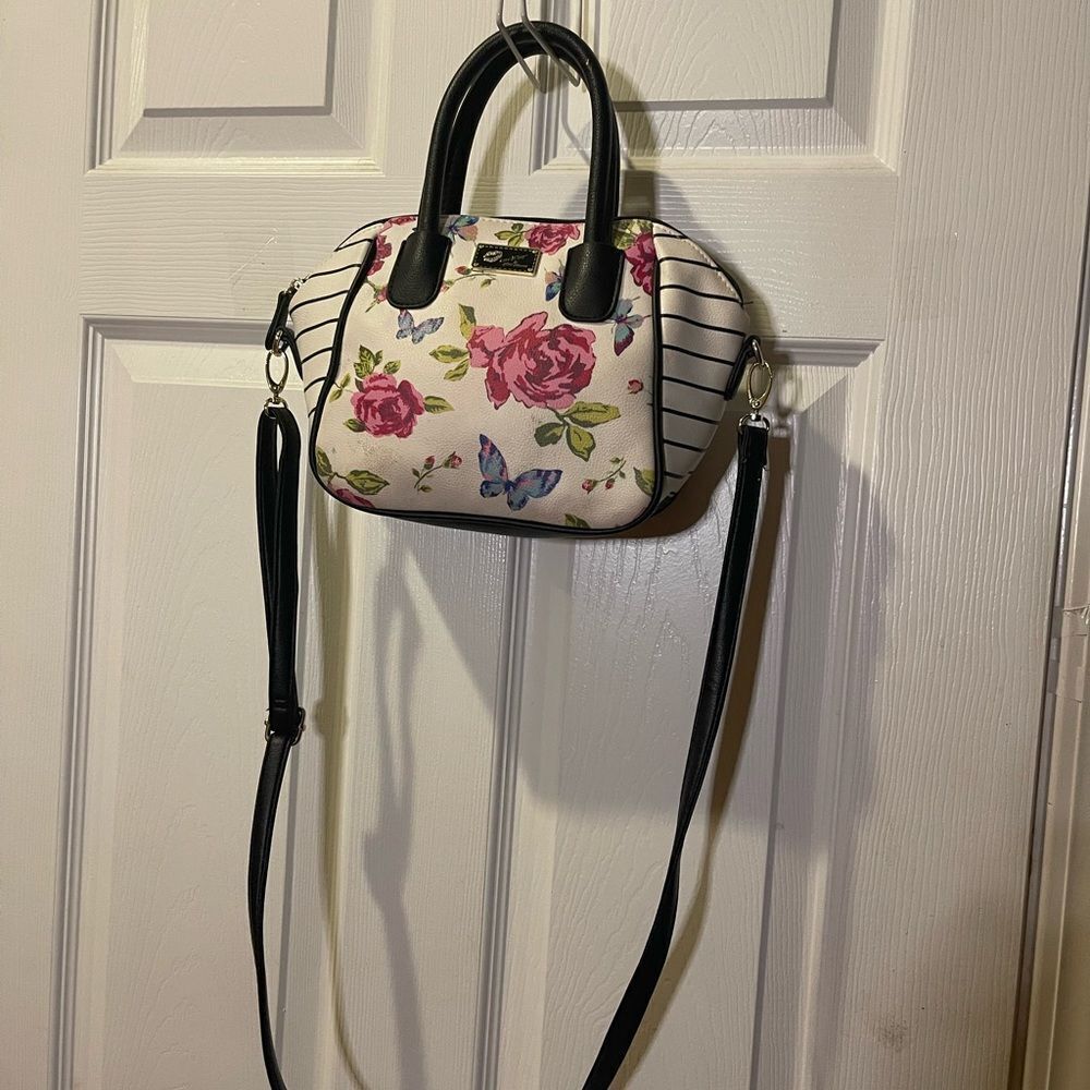 Betsey Johnson floral roses & butterflies Satchel black &white striped - Picture 6 of 9